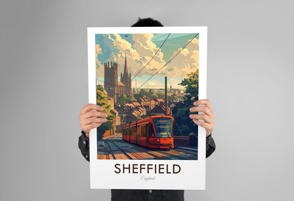 Sheffield England Red Tram Cathedral Skyline Vintage Travel Poster - Image 3