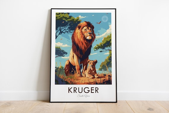 Kruger South Africa Vintage Lion and Cub Safari Wildlife Travel Poster