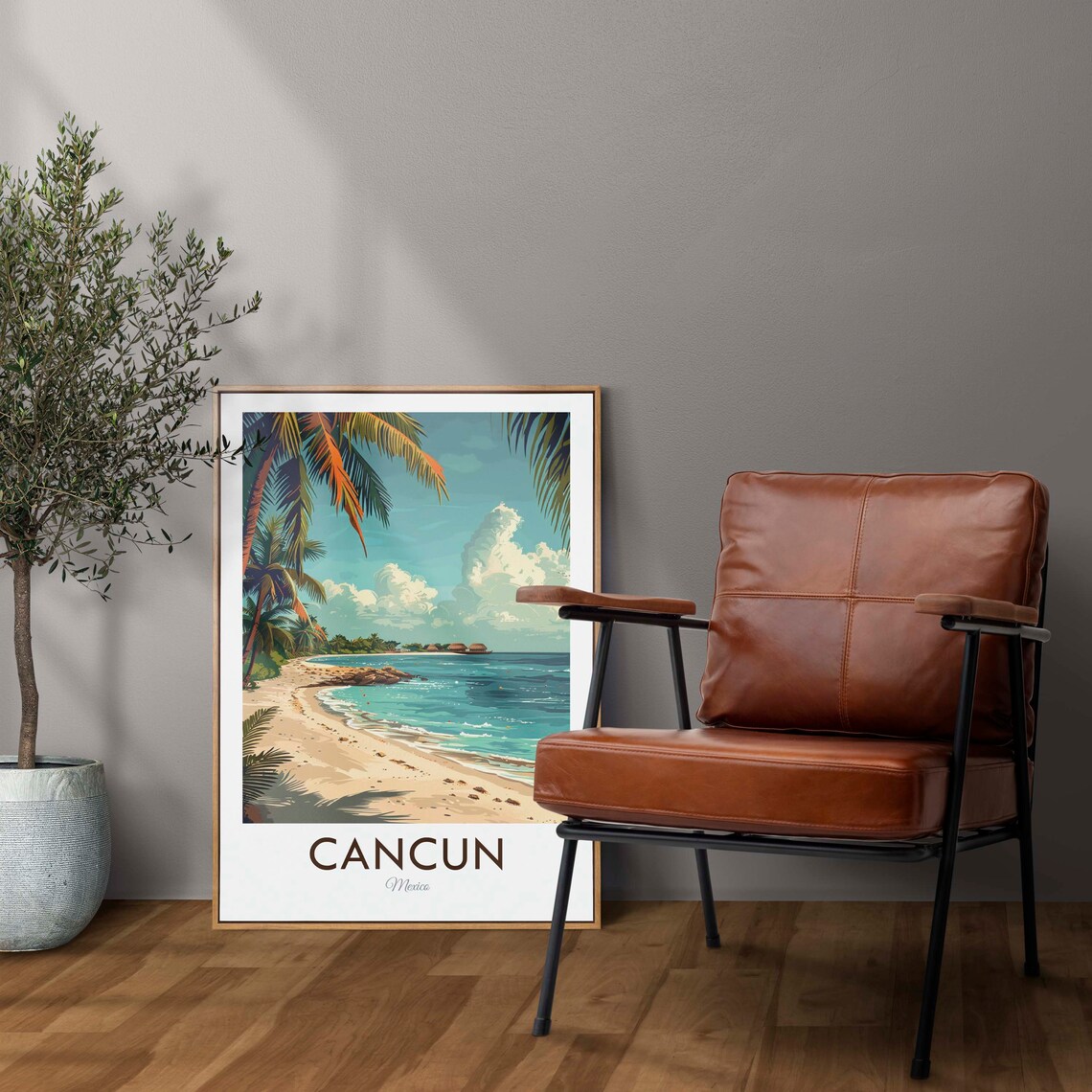 Cancun Mexico Quiet Palm Beach Curving Shoreline Calm Sea Travel Poster - Image 2