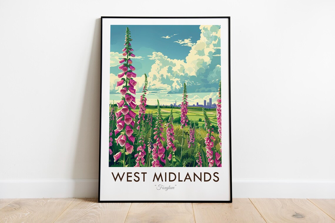 West Midlands Foxglove Pink Bloom Countryside Vintage Travel Poster