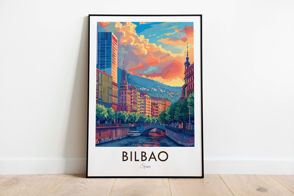 Bilbao Spain Riverside City Sunset Bridge Vintage Travel Poster