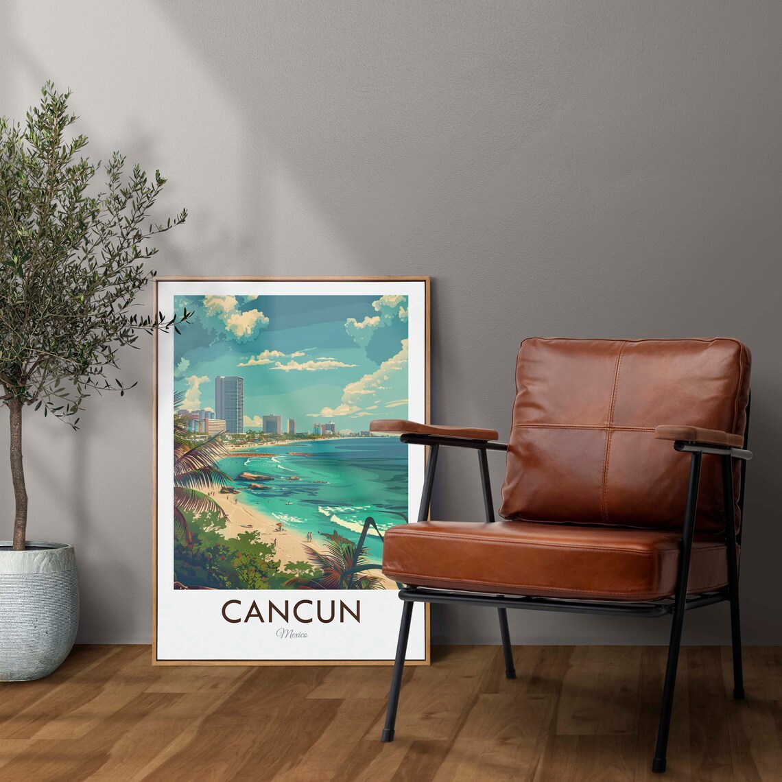Cancun Mexico Hotel Zone Skyline Palm Beach Turquoise Water Travel Poster - Image 2