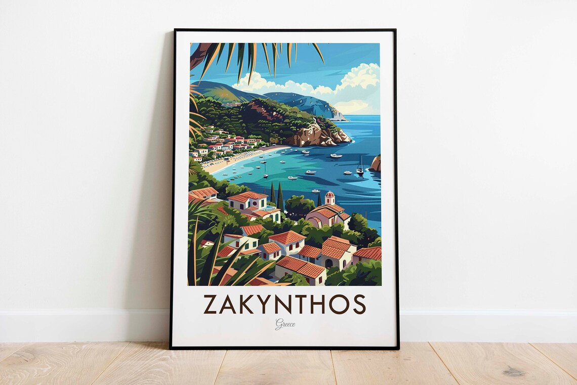 Zakynthos Greece Island Village Turquoise Bay Vintage Travel Poster