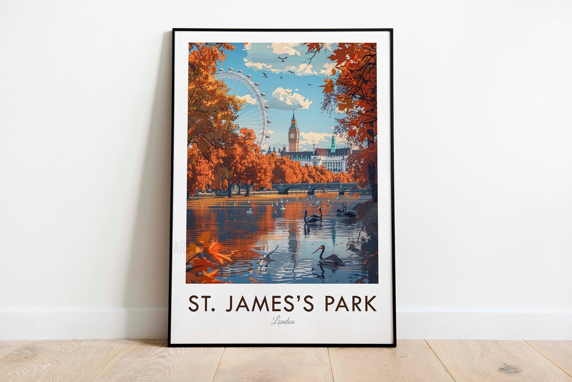 St. James's Park London Autumn Lake Swans Scenic Vintage Poster