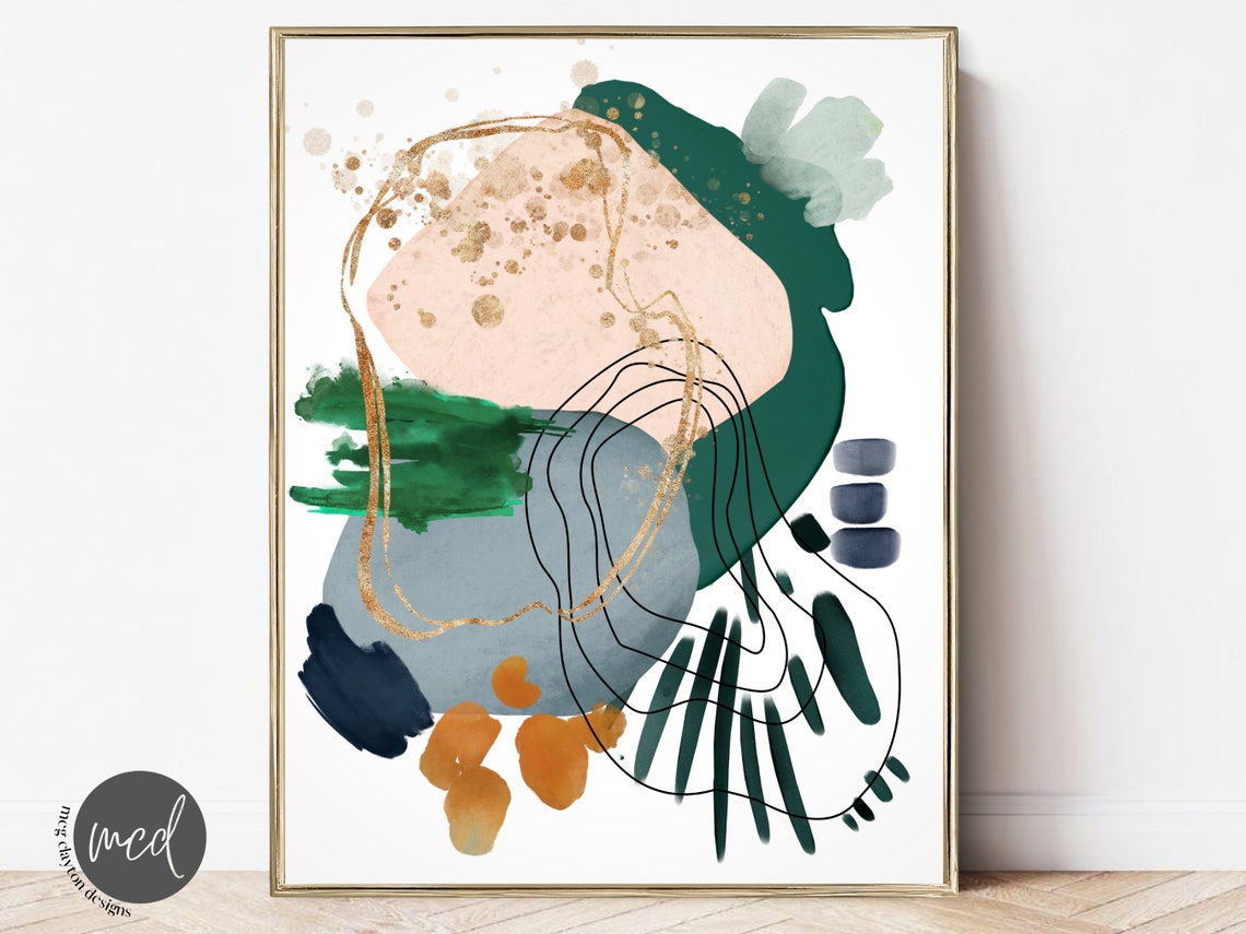 Blush Pink Gold Splatter Green Abstract Watercolor Modern Poster