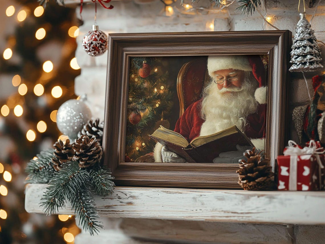 Santa Claus Reading Book by Christmas Tree Cozy Holiday Night Poster - Image 3
