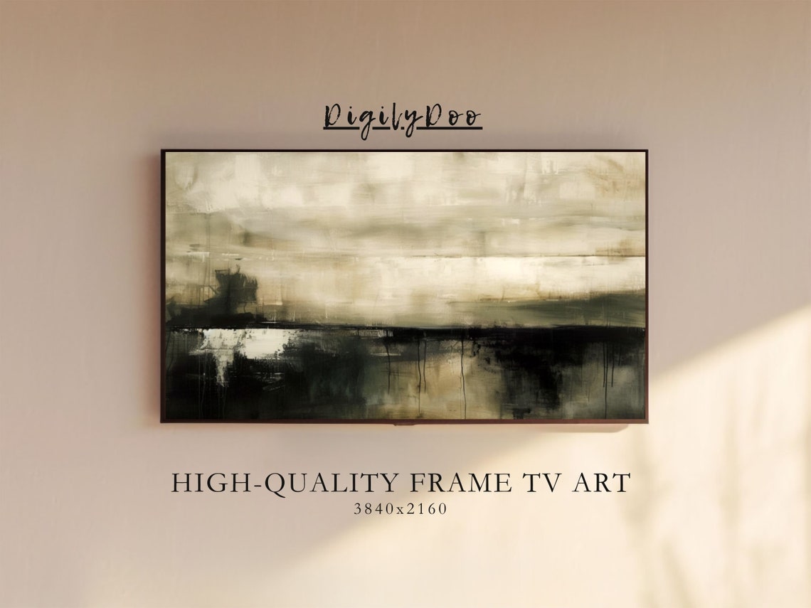 Moody Black Green Abstract Horizon Reflection Frame TV Print