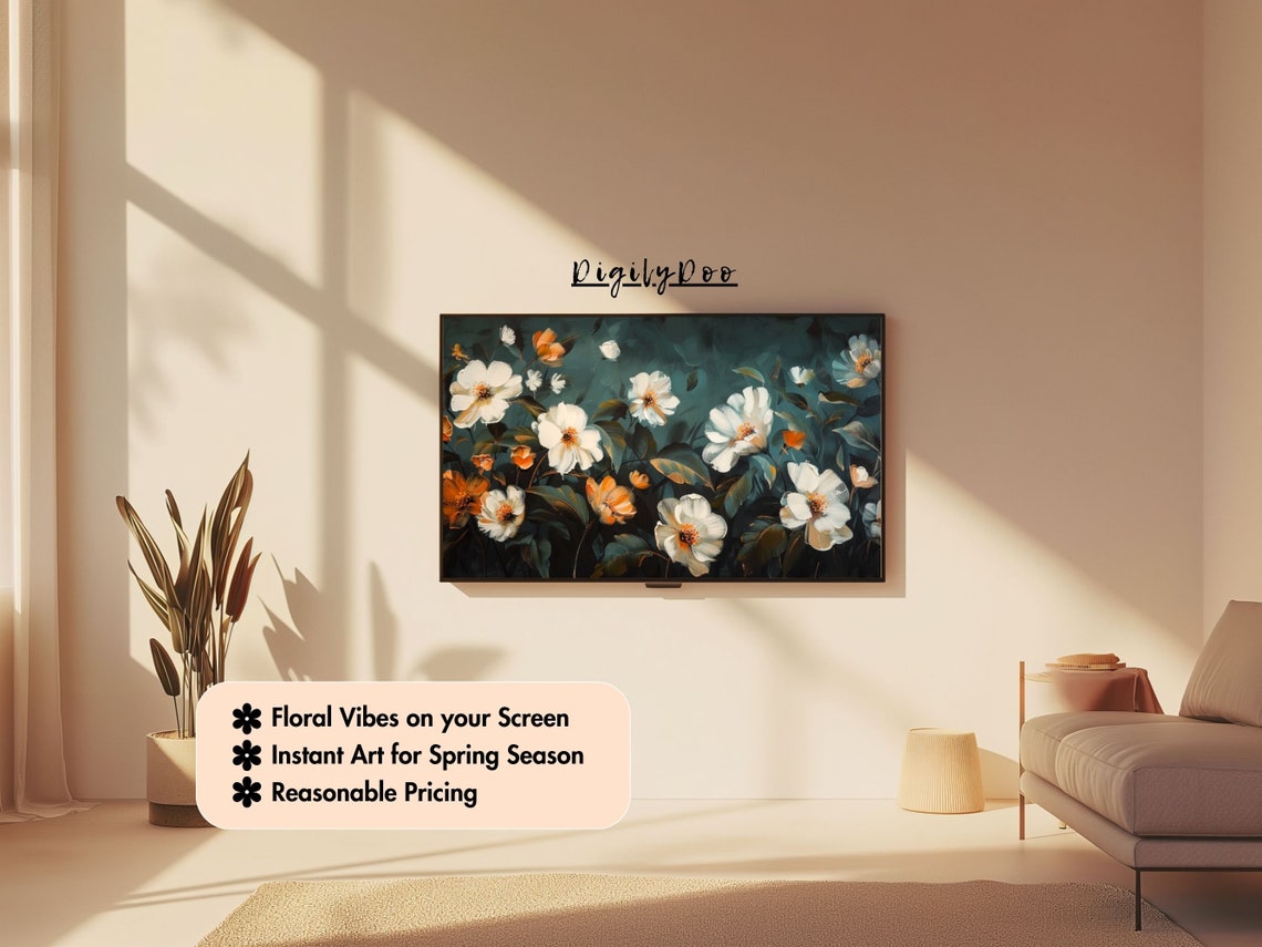 White and Orange Blossoms Dark Teal Floral Oil Frame TV Print - Image 3