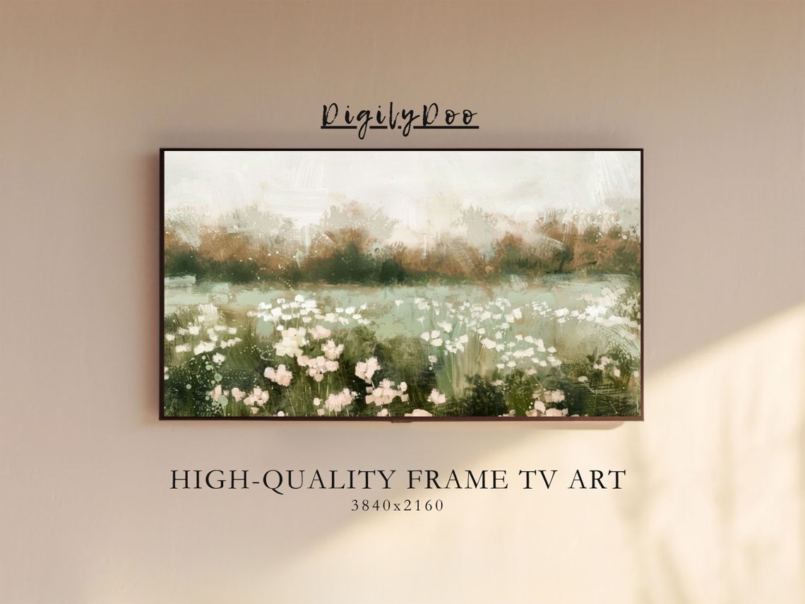 White Wildflower Meadow Misty Dusk Impressionist Frame TV Print
