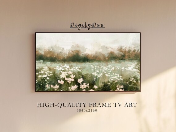 White Wildflower Meadow Misty Dusk Impressionist Frame TV Print