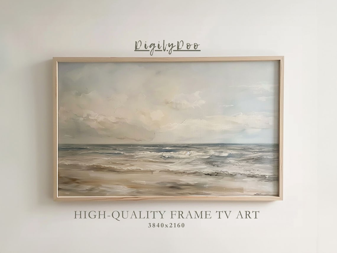 Coastal Ocean Beach Seascape Painting, Vintage Style