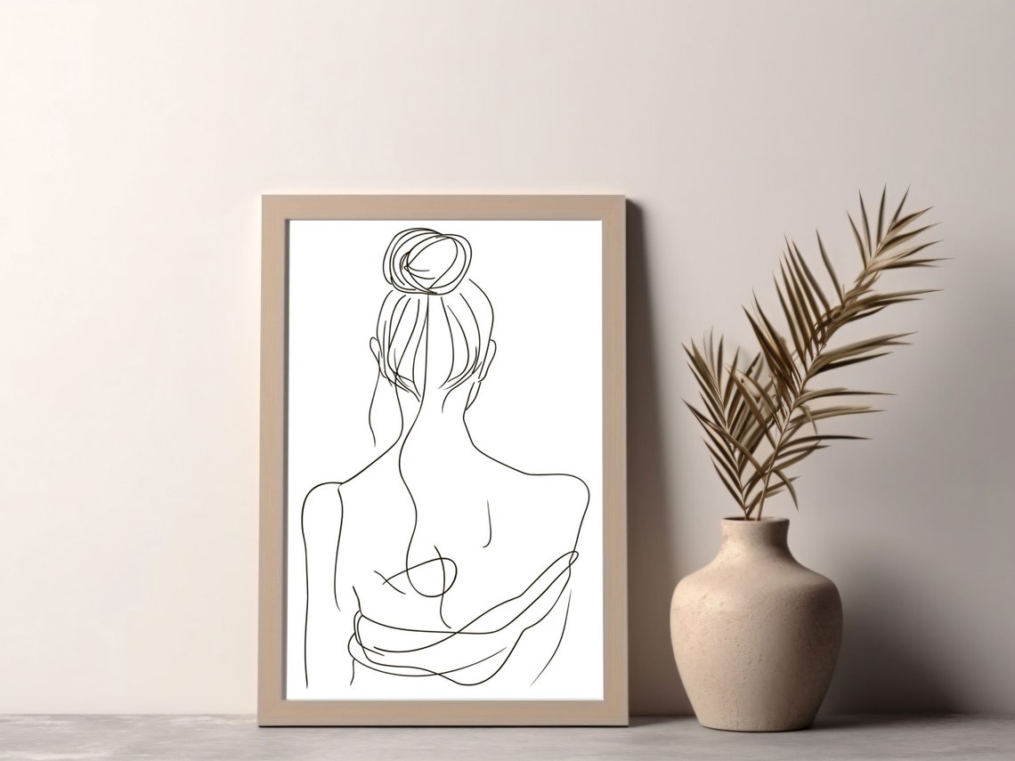 Elegant Woman Back Minimalist One Line Drawing Hair Bun Wall Art - Image 2