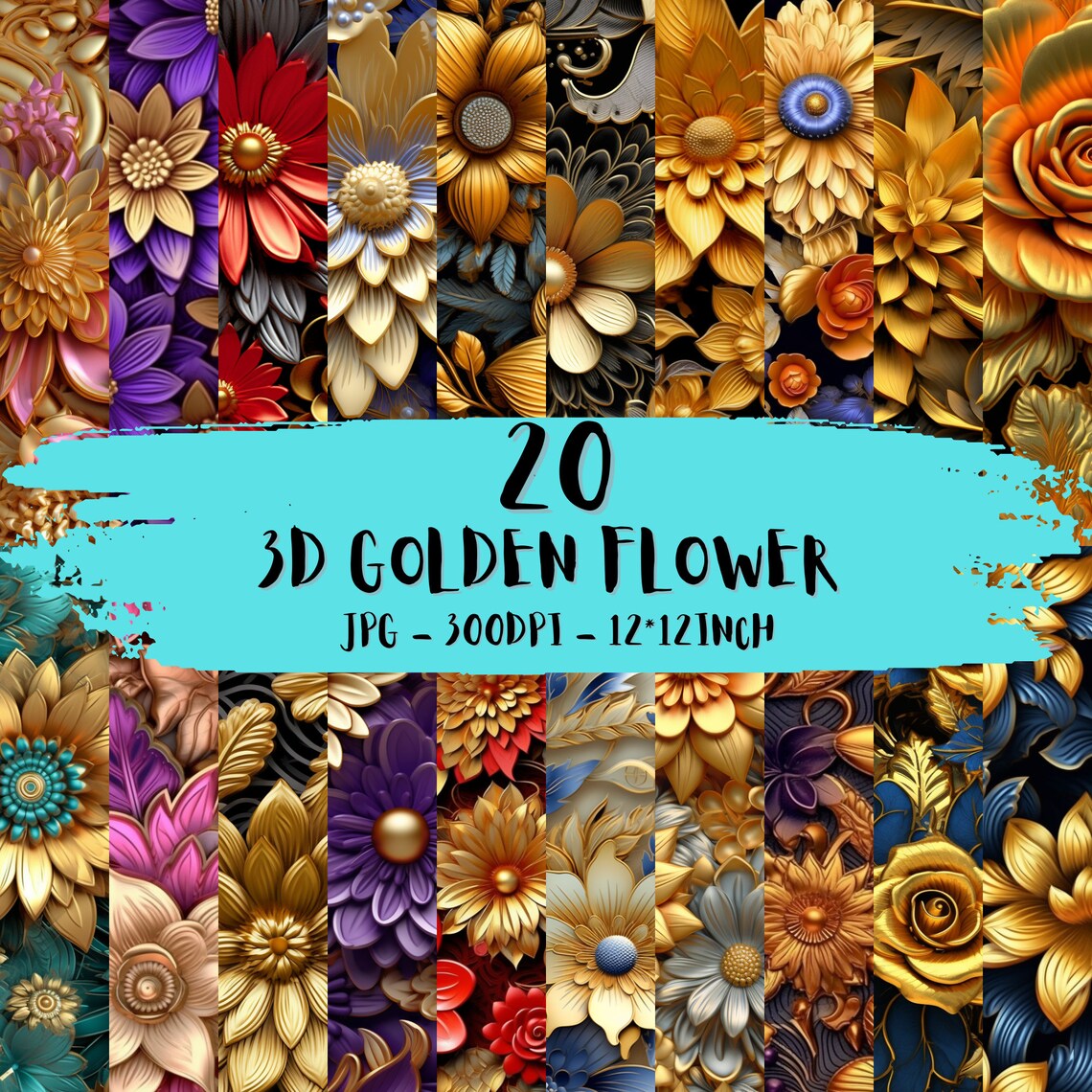 20 3D Golden Flower JPG Digital Paper Pack 300 DPI 12x12 Poster