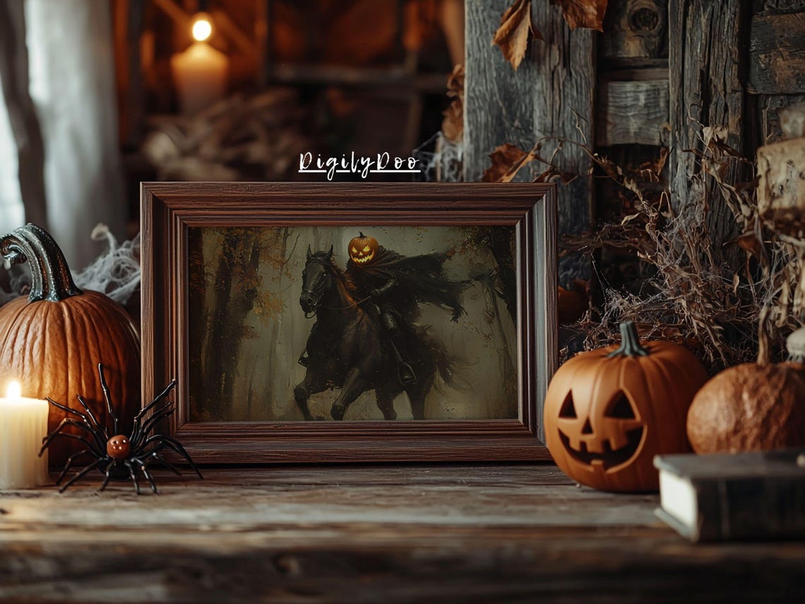 Headless Horseman Pumpkin Head Black Horse Spooky Forest Art Poster - Image 2
