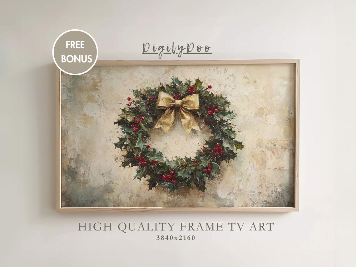 Christmas Rustic Wreath Vintage Holiday Wall Art Print