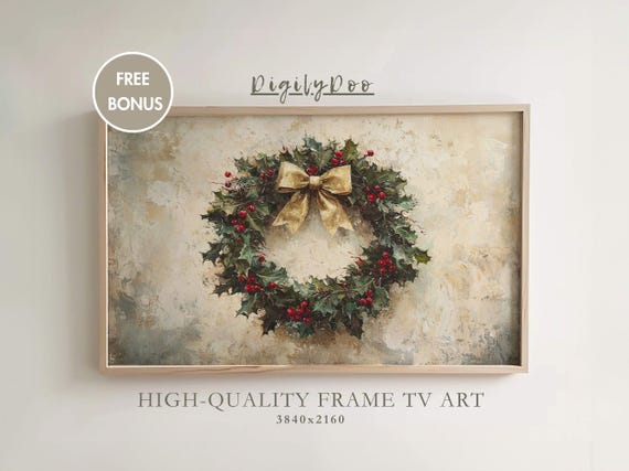 Christmas Rustic Wreath Vintage Holiday Wall Art Print