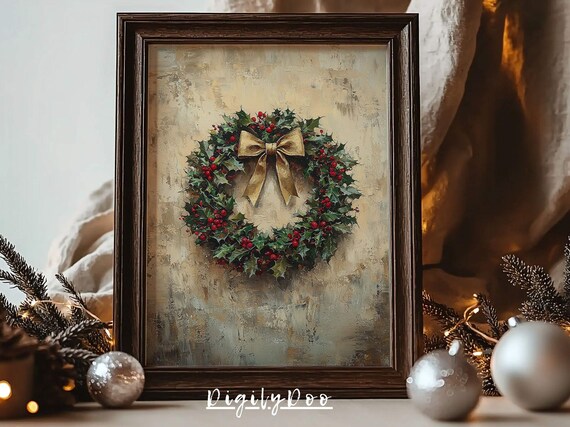 Vintage Christmas Wreath Wall Art Rustic Xmas Still Life Art Print Winter Holiday Decor Natural Moody Prints Antique Painting