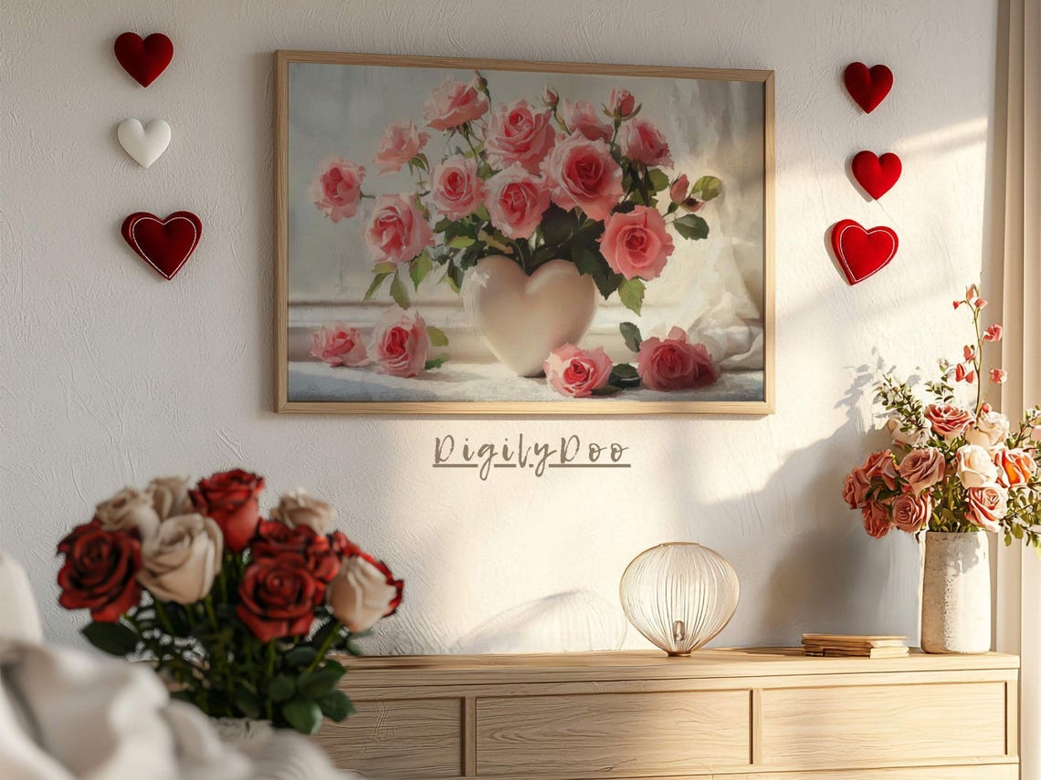 Pink Roses Heart Vase Still Life Romantic Valentine's TV Art Print - Image 3