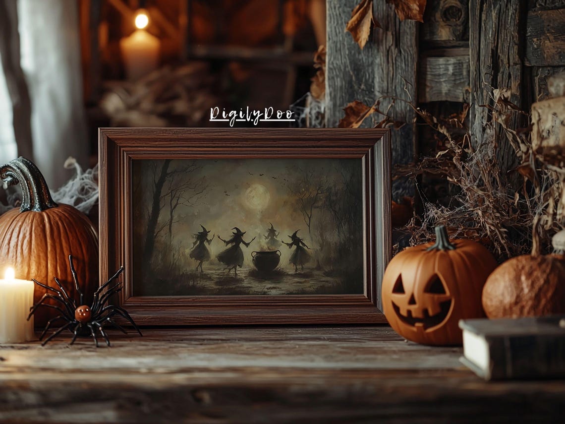 Witches Dancing Around Cauldron Full Moon Night Spooky Art Poster - Image 2