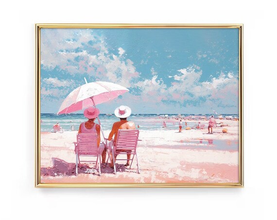 Pink Beach Umbrella Couple in Beach Chairs Pastel Summer Wall Art