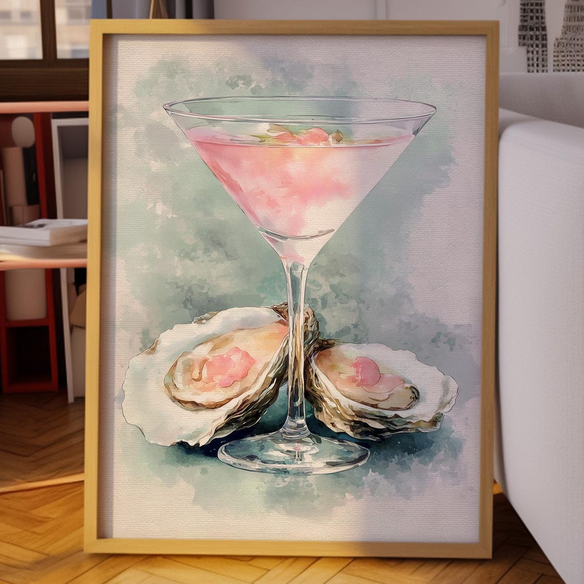 Pink Cocktail Martini Glass With Fresh Oysters Watercolor Poster