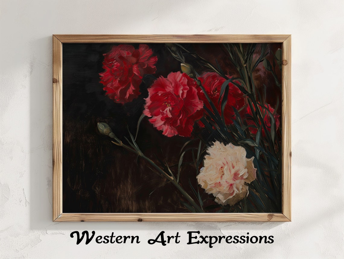 Moody Floral Art Carnations Wall Vintage Carnation Oil Painting Botanical Home Decor Dark Print