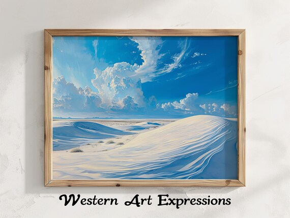 White Sands Dune Ripples Oil Painting Blue Sky Clouds Poster