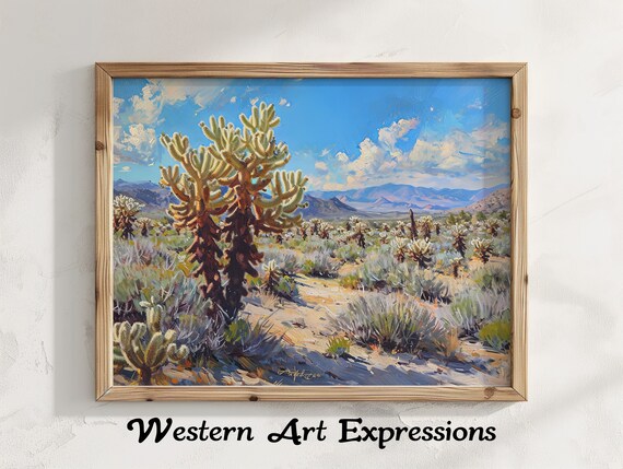 Joshua Tree Desert Cholla Cactus Landscape Oil Painting Art Poster