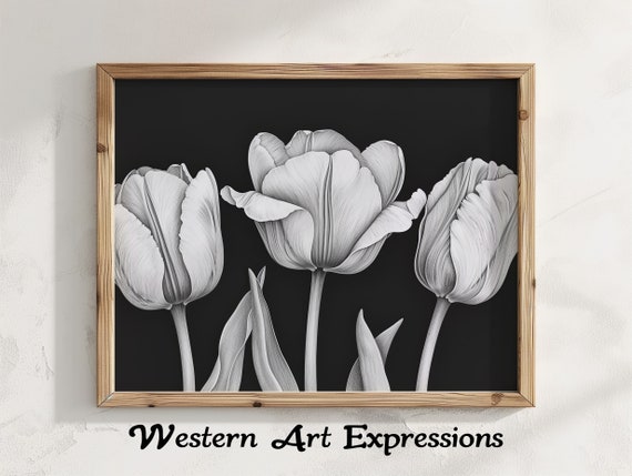 Tulip Trio Ink Drawing Monochrome Tulips Wall Art Black And White Floral Decor Minimalist Botanical Print