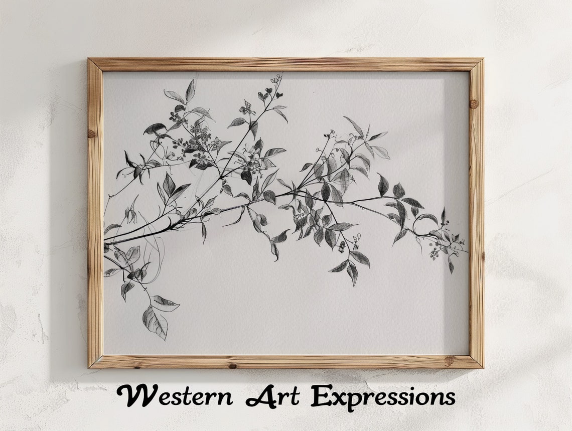 Black and White Botanical Branch Ink Drawing Minimalist Art Poster