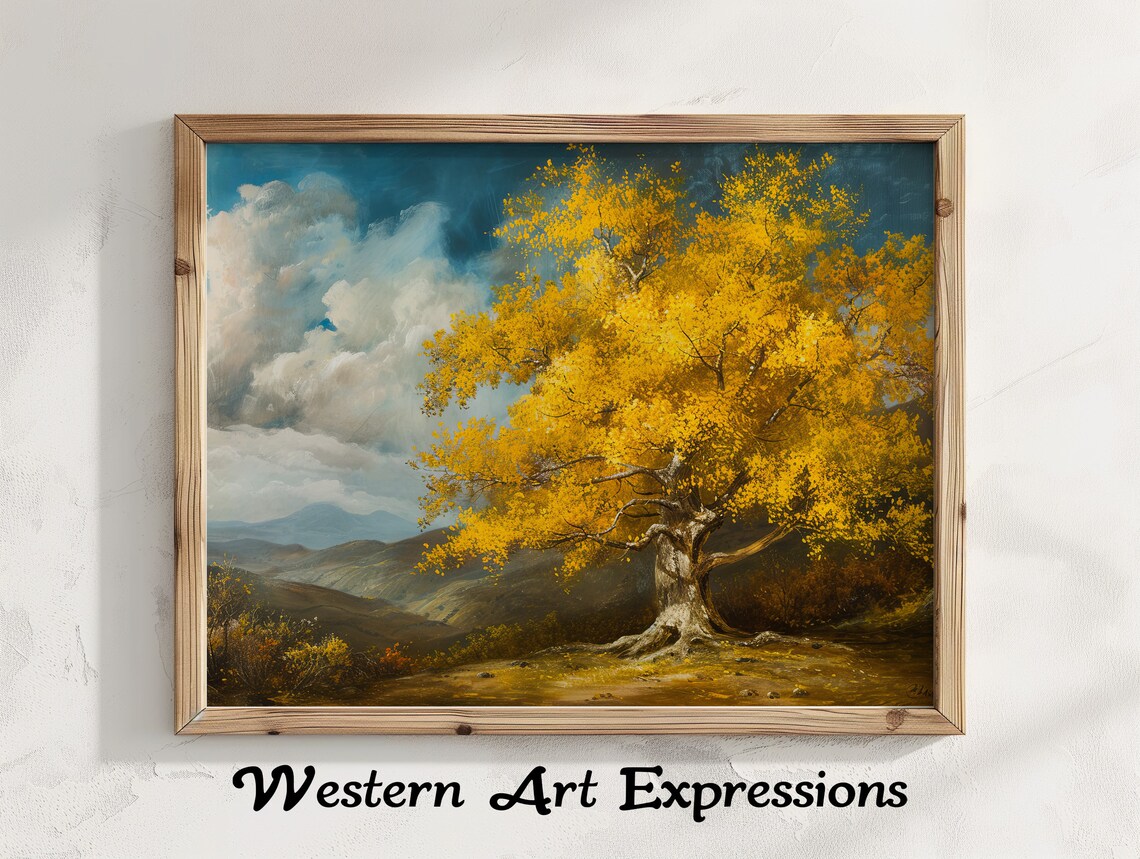 Golden Yellow Tree Autumn Landscape Vintage Oil Painting Poster