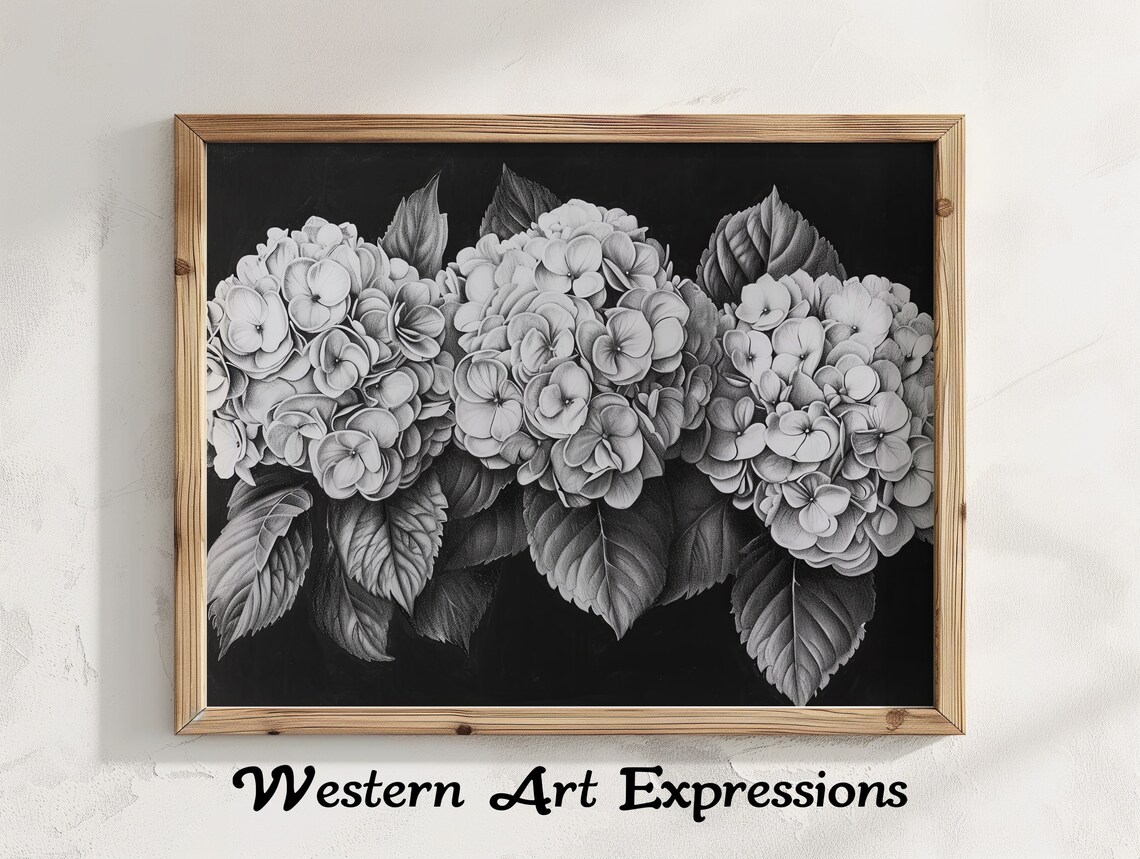 Hydrangea Trio Ink Drawing Monochrome Illustration Black And White Floral Wall Art Botanical Sketch Decor