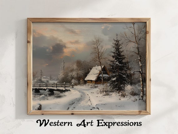 Old Bridge Vintage Winter Painting Rustic Landscape Snowy Countryside Scene Farmhouse Cozy Home Artwork