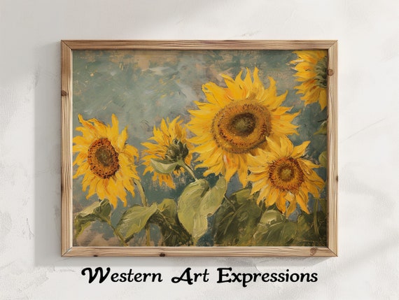 Sunflower Oil Painting Vintage Flower Art Wall Rustic Home Decor Botanical Living Room Artwork Garden Lovers Gift
