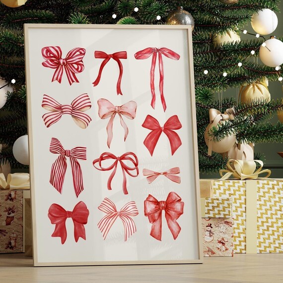 Red Christmas Ribbon Bows Watercolor Festive Holiday Decor Poster