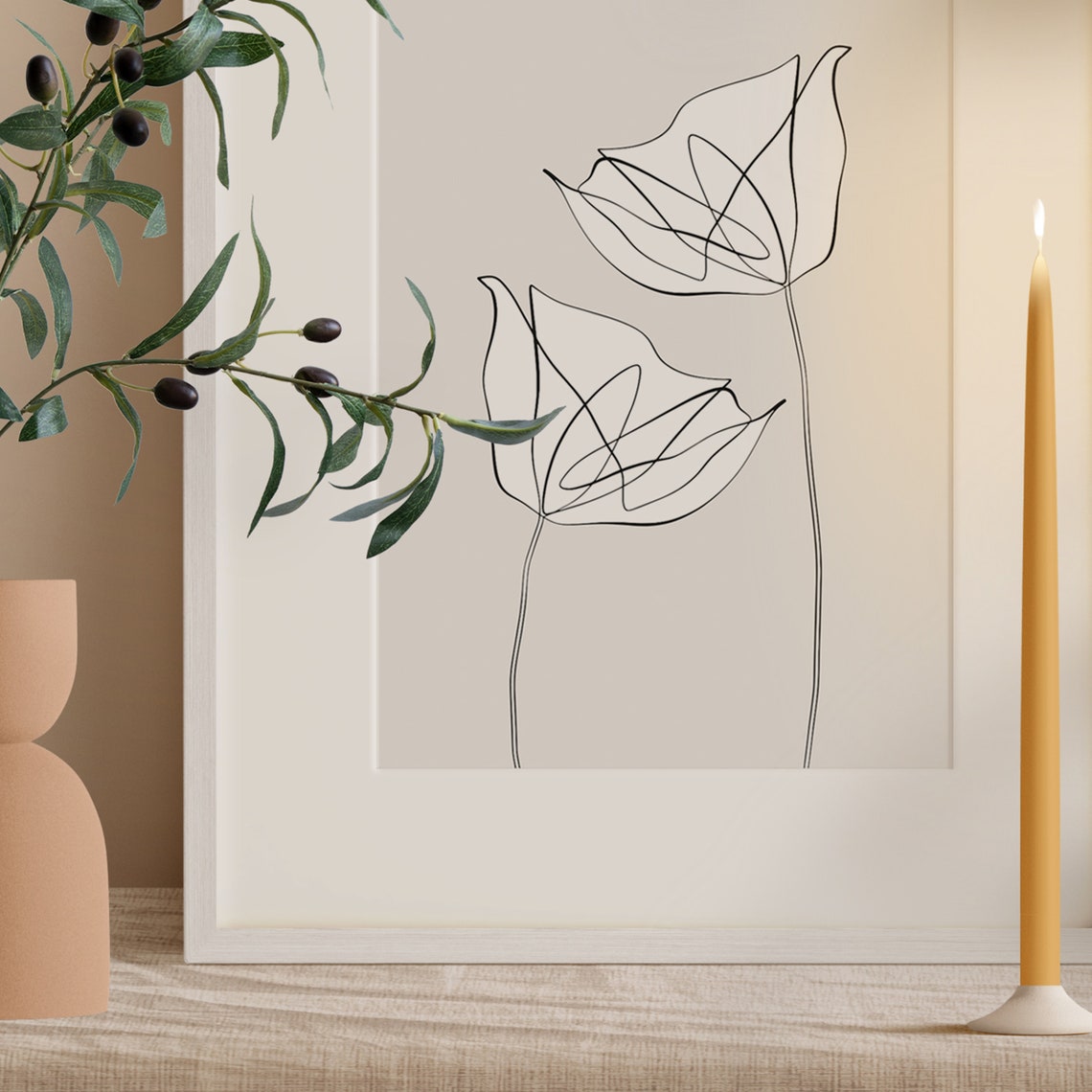 Two Line Art Flowers Minimalist Black and White Botanical Poster - Image 2
