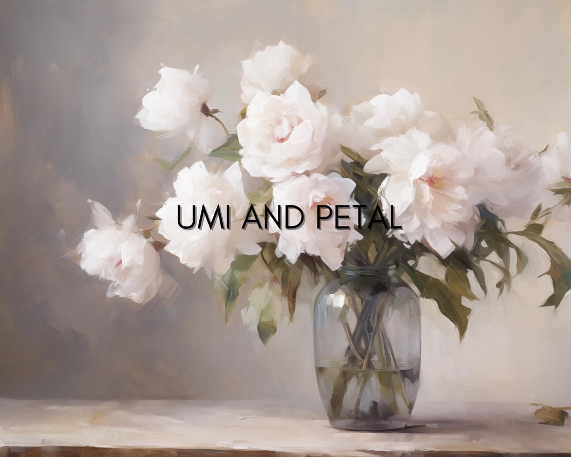 White Peonies Glass Vase Rustic Windowsill Floral Art Poster - Image 2