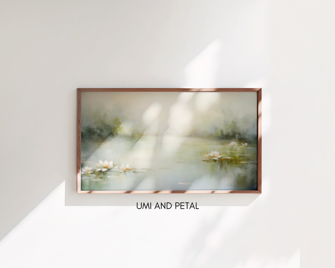 White Water Lilies Misty Pond Tranquil Soft Botanical Art Poster - Image 3