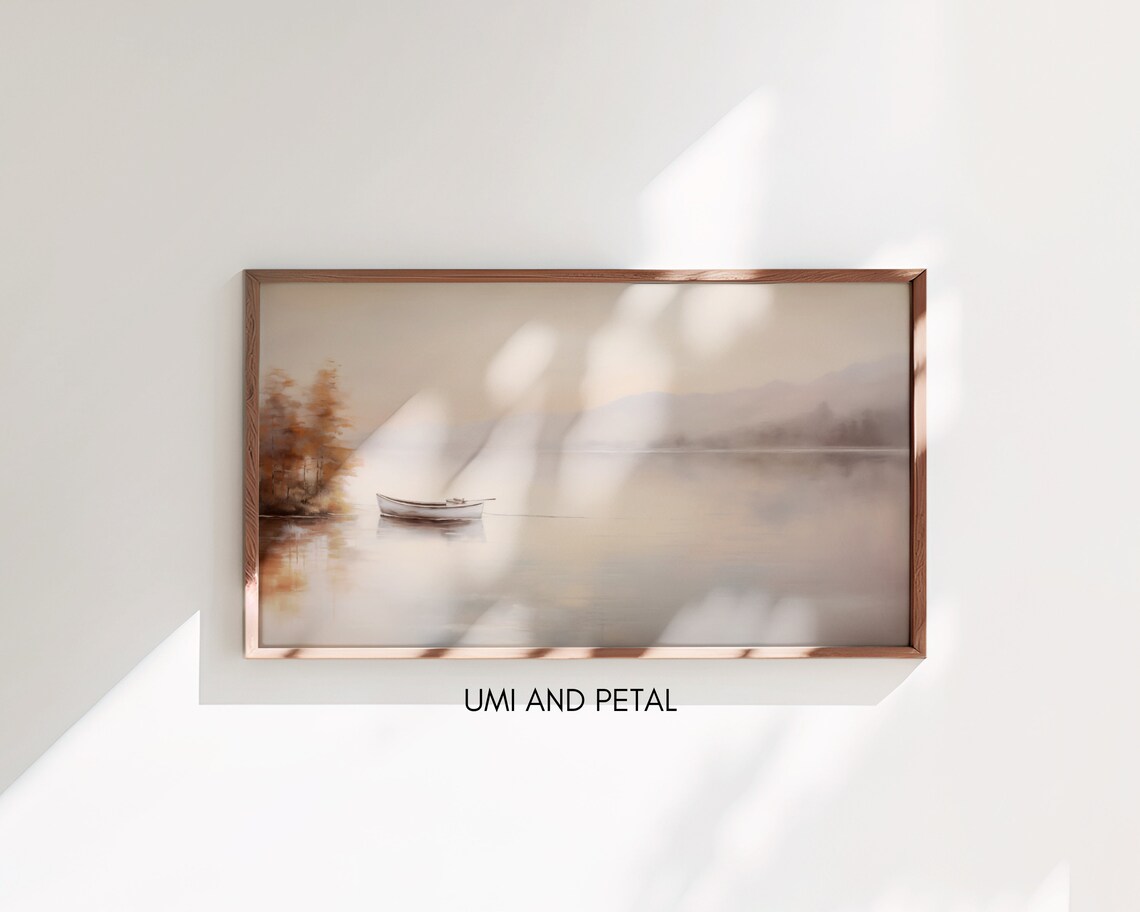 Lone Boat on Misty Autumn Lake Soft Neutral Landscape Art Poster - Image 3