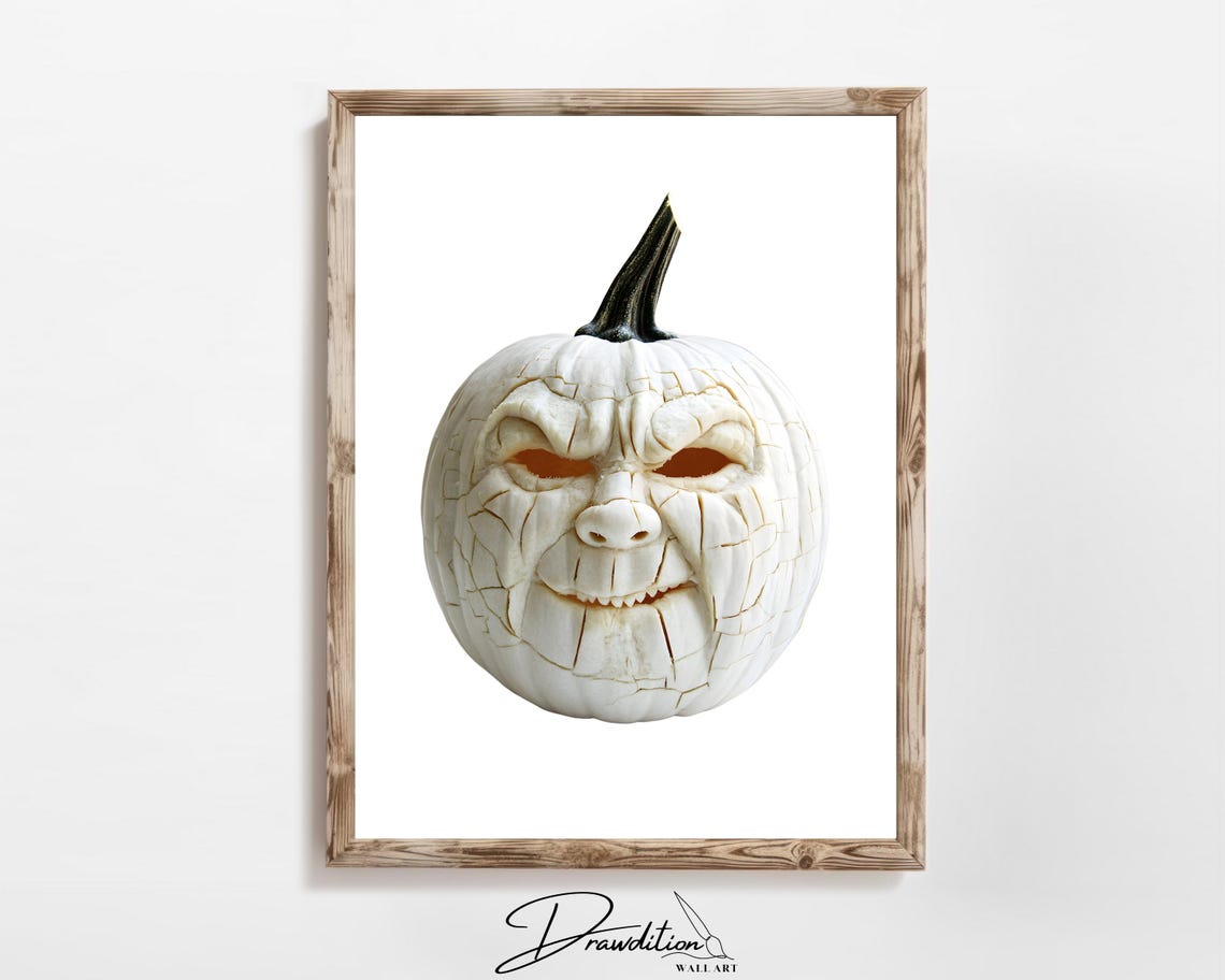 White Cracked Pumpkin Carved Angry Spooky Face Halloween Poster
