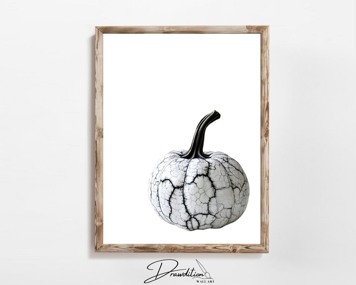 White Black Crackle Pumpkin Minimalist Modern Fall Decor Poster