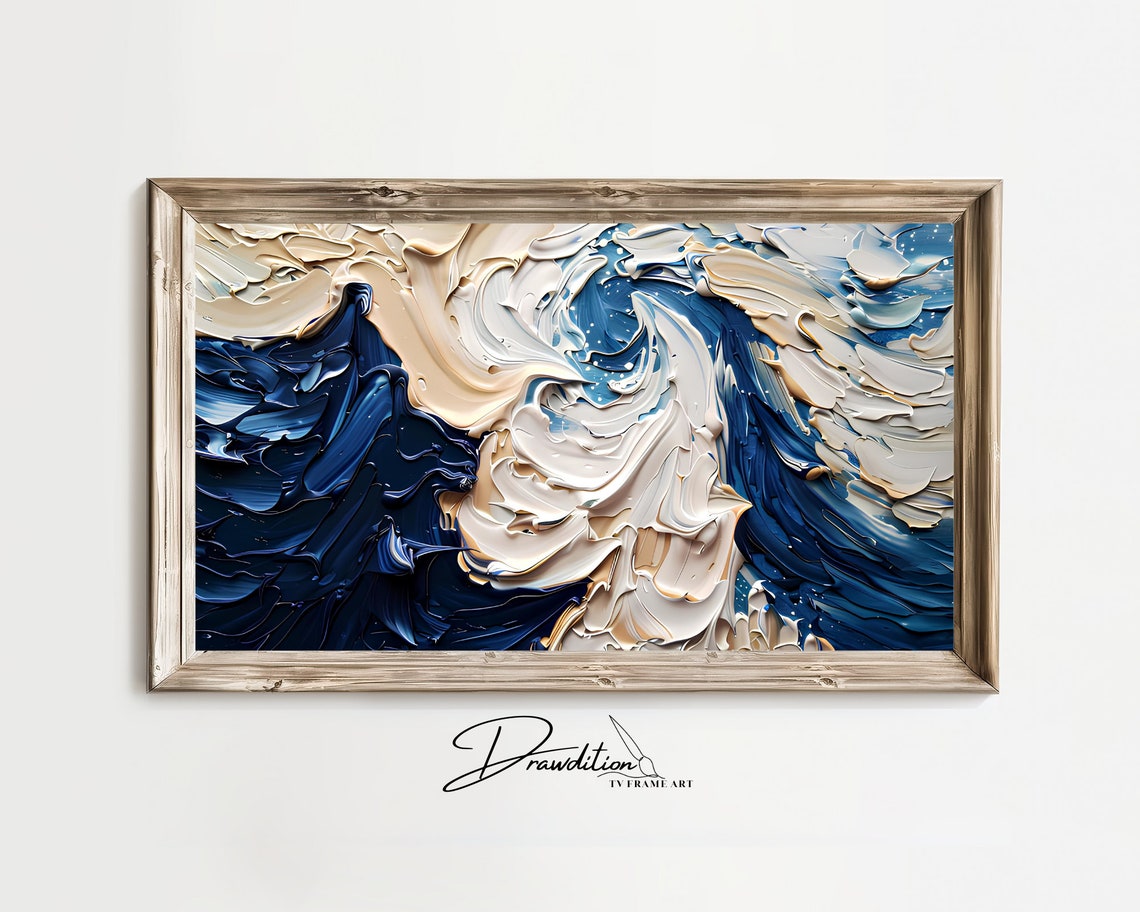 Navy Blue Beige Abstract Impasto Wave 3D Textured Ocean Poster