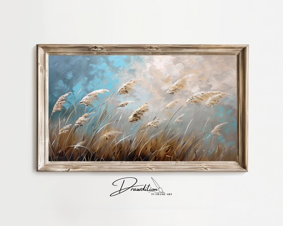 Tall Coastal Reeds Beach Grass Abstract Blue Beige Painterly Print