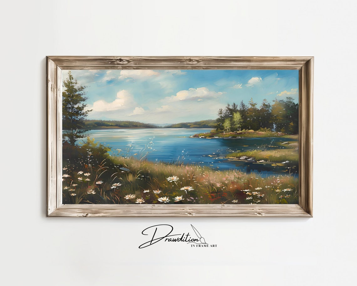 Tranquil Lake Wildflower Shore Pine Forest Landscape Scenery Poster