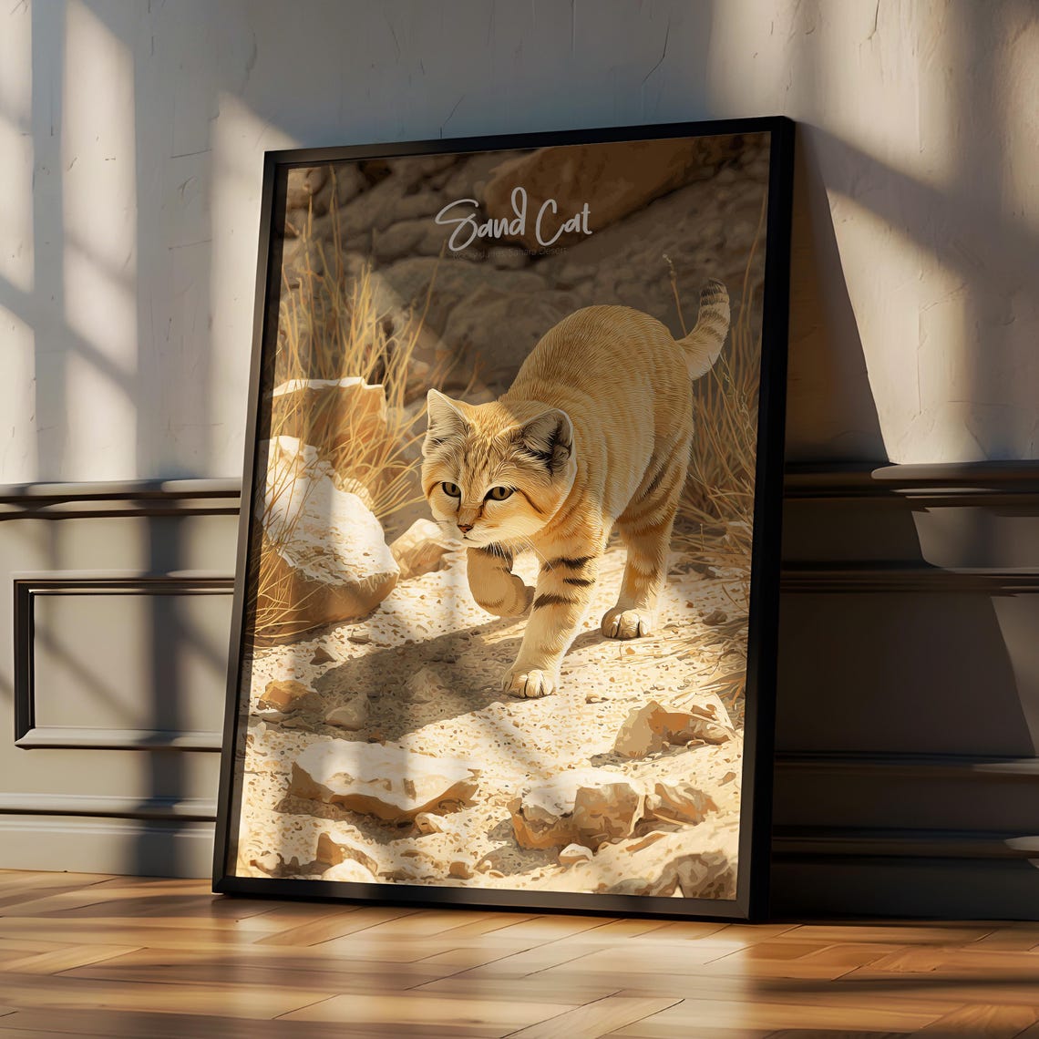 Sand Cat Desert Rocks Wildlife Illustration Exotic Feline Wall Art