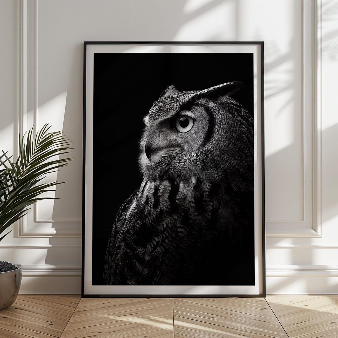 Black and White Great Horned Owl Portrait Monochrome Bird Art Poster