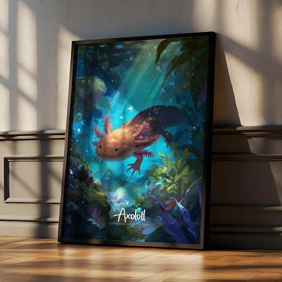 Cute Axolotl Underwater Blue Grotto Illustrated Wildlife Poster