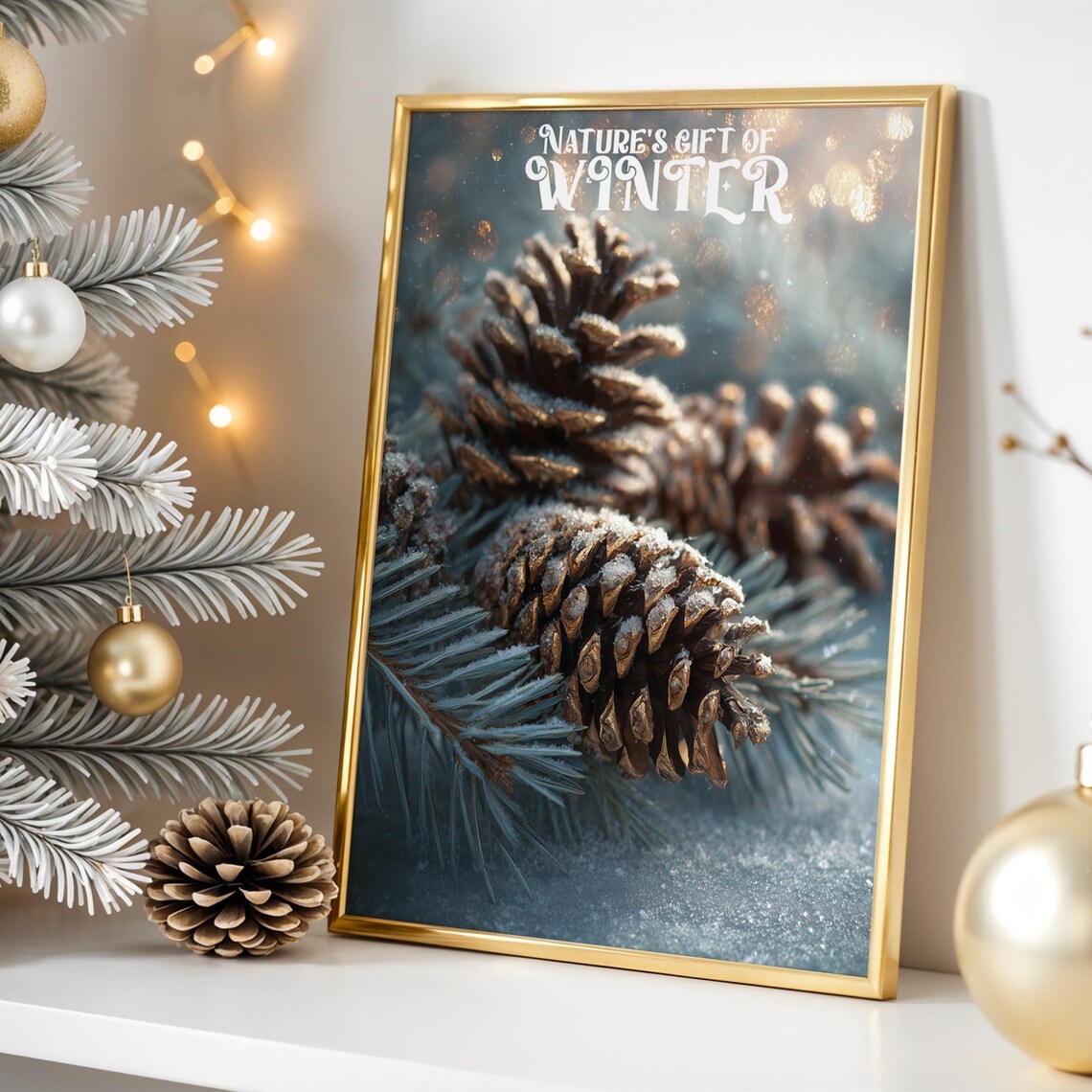 Pinecone Winter Poster, Rustic Holiday Wall Art