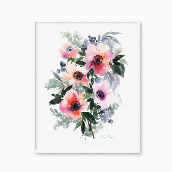 Red And Pink Anemones Art Print Watercolor Bouquet Of Anemone Flowers Botanical Illustration Boho Wall Decor Floral Artwork