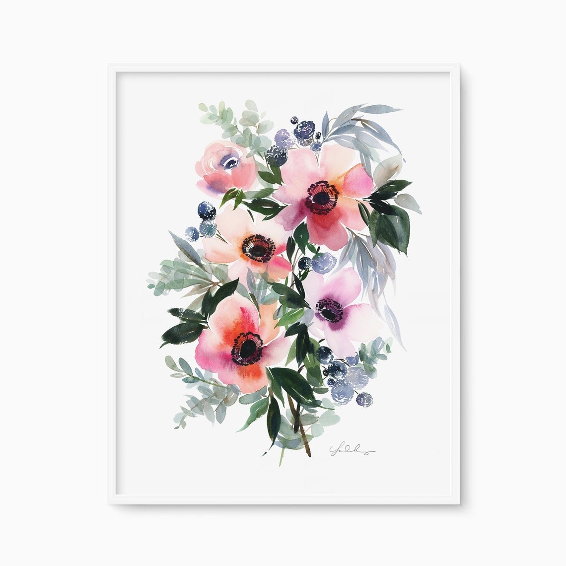 Red Pink Anemone Watercolor Bouquet Coral Floral Botanical Wall Poster